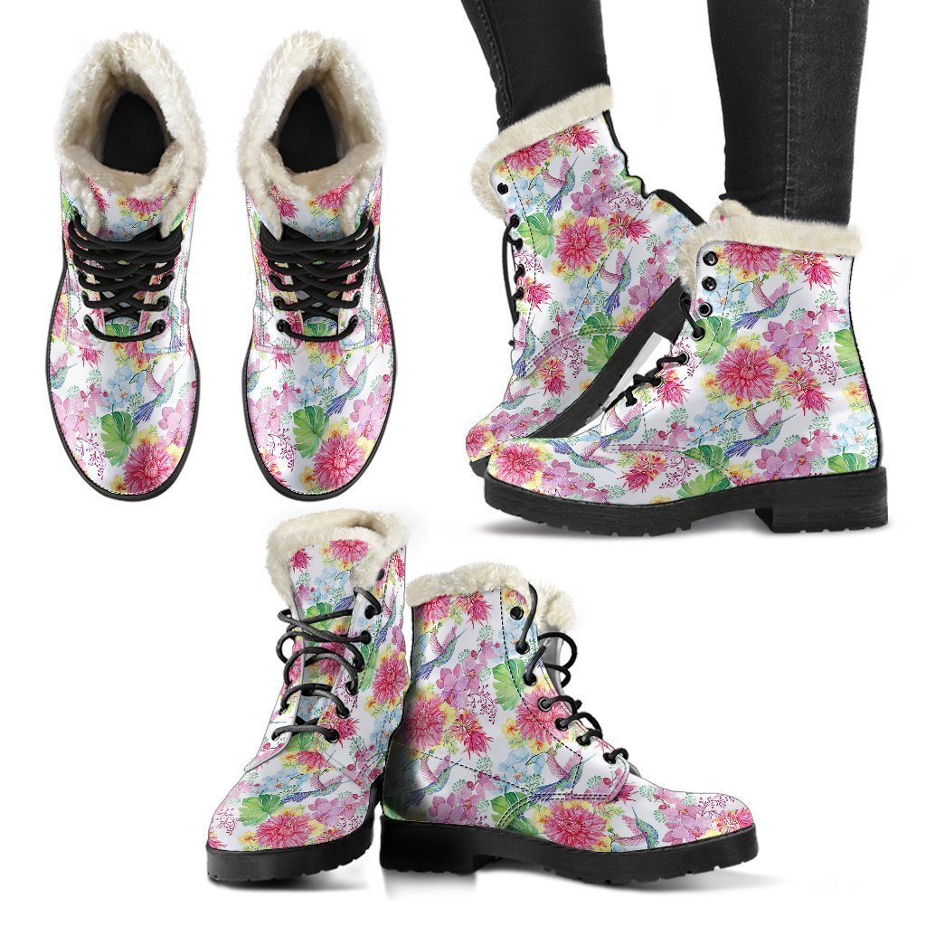 Hummingbird White Floral Drawing Pattern Print Comfy Winter Boots-grizzshop