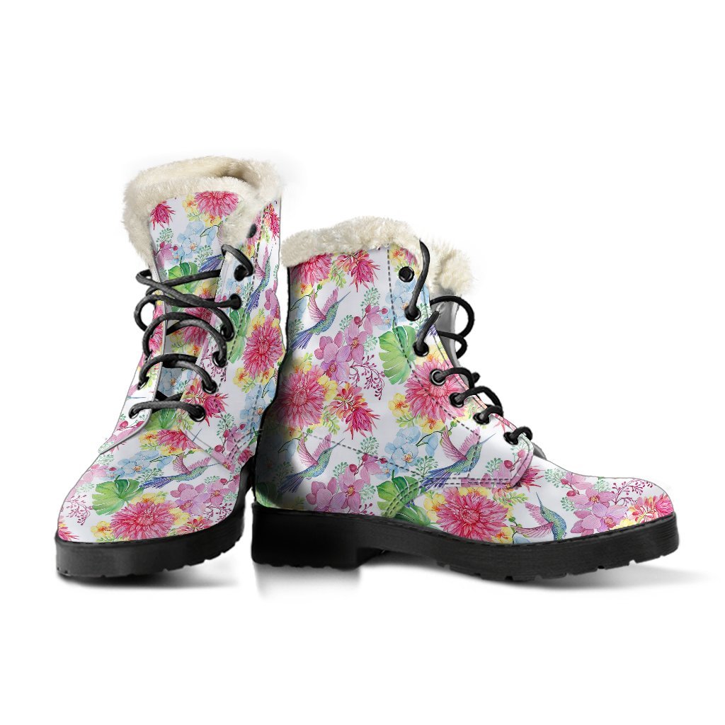 Hummingbird White Floral Drawing Pattern Print Comfy Winter Boots-grizzshop