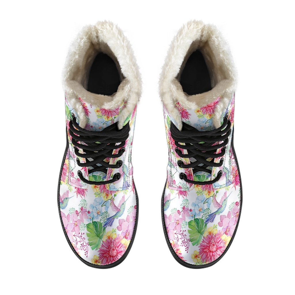 Hummingbird White Floral Drawing Pattern Print Comfy Winter Boots-grizzshop