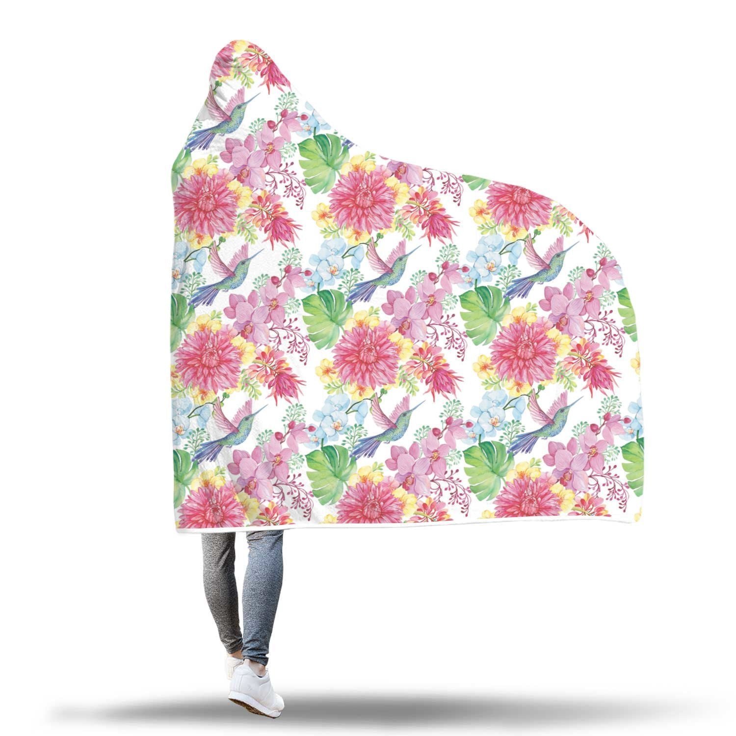 Hummingbird White Floral Drawing Pattern Print Hooded Blanket-grizzshop