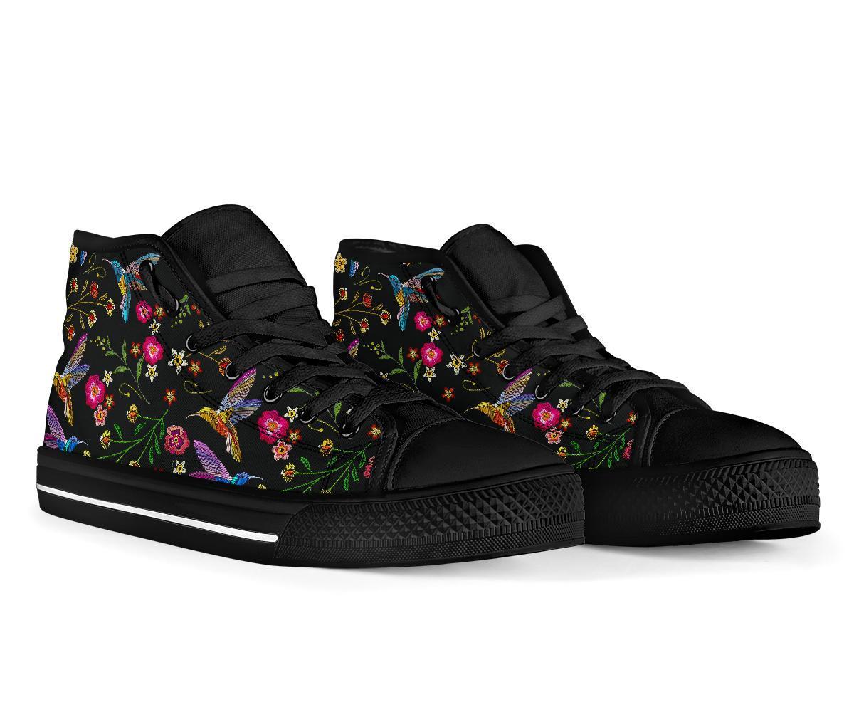 Hummingbird White Floral Men Women's High Top Shoes-grizzshop