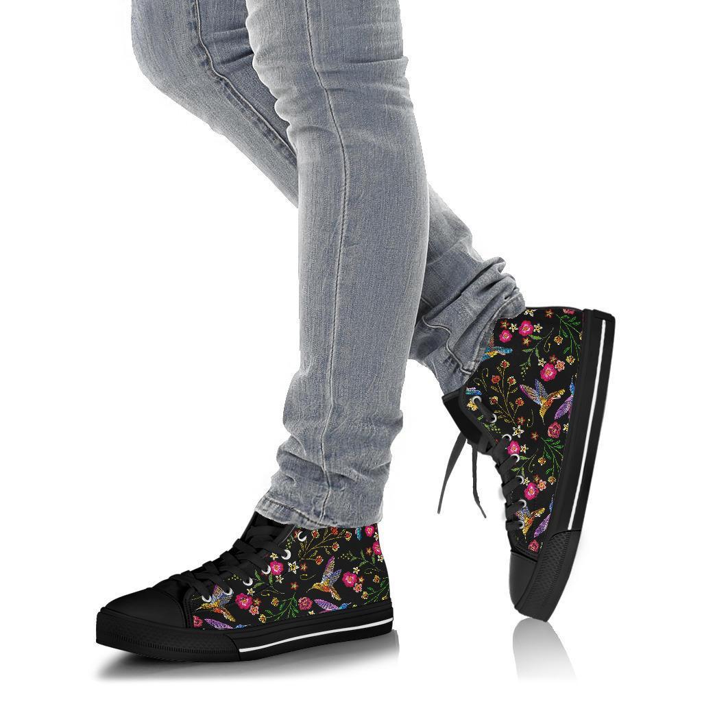 Hummingbird White Floral Men Women's High Top Shoes-grizzshop