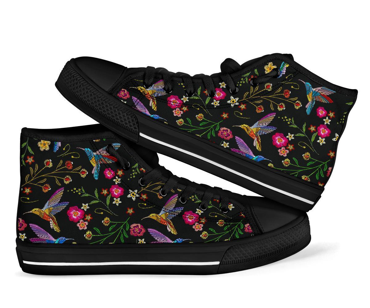 Hummingbird White Floral Men Women's High Top Shoes-grizzshop