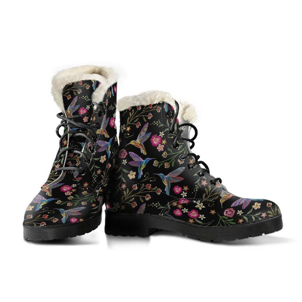 Hummingbird White Floral Pattern Print Comfy Winter Boots-grizzshop