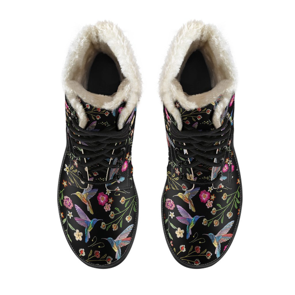 Hummingbird White Floral Pattern Print Comfy Winter Boots-grizzshop
