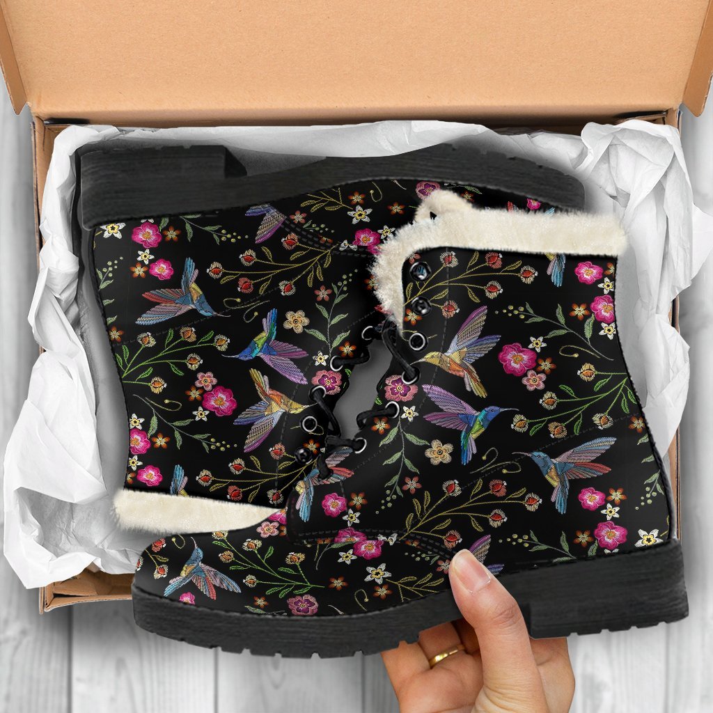Hummingbird White Floral Pattern Print Comfy Winter Boots-grizzshop