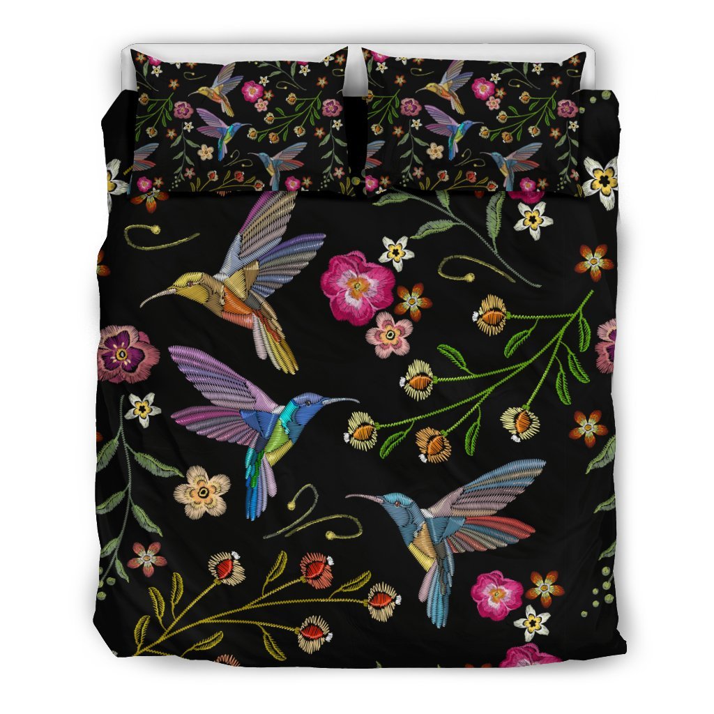 Hummingbird White Floral Pattern Print Duvet Cover Bedding Set-grizzshop