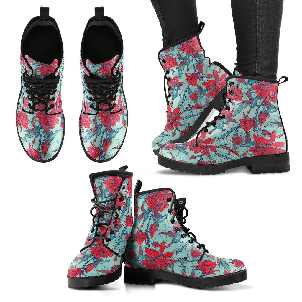 Hummingbird Floral Pattern Print Men Women Leather Boots-grizzshop