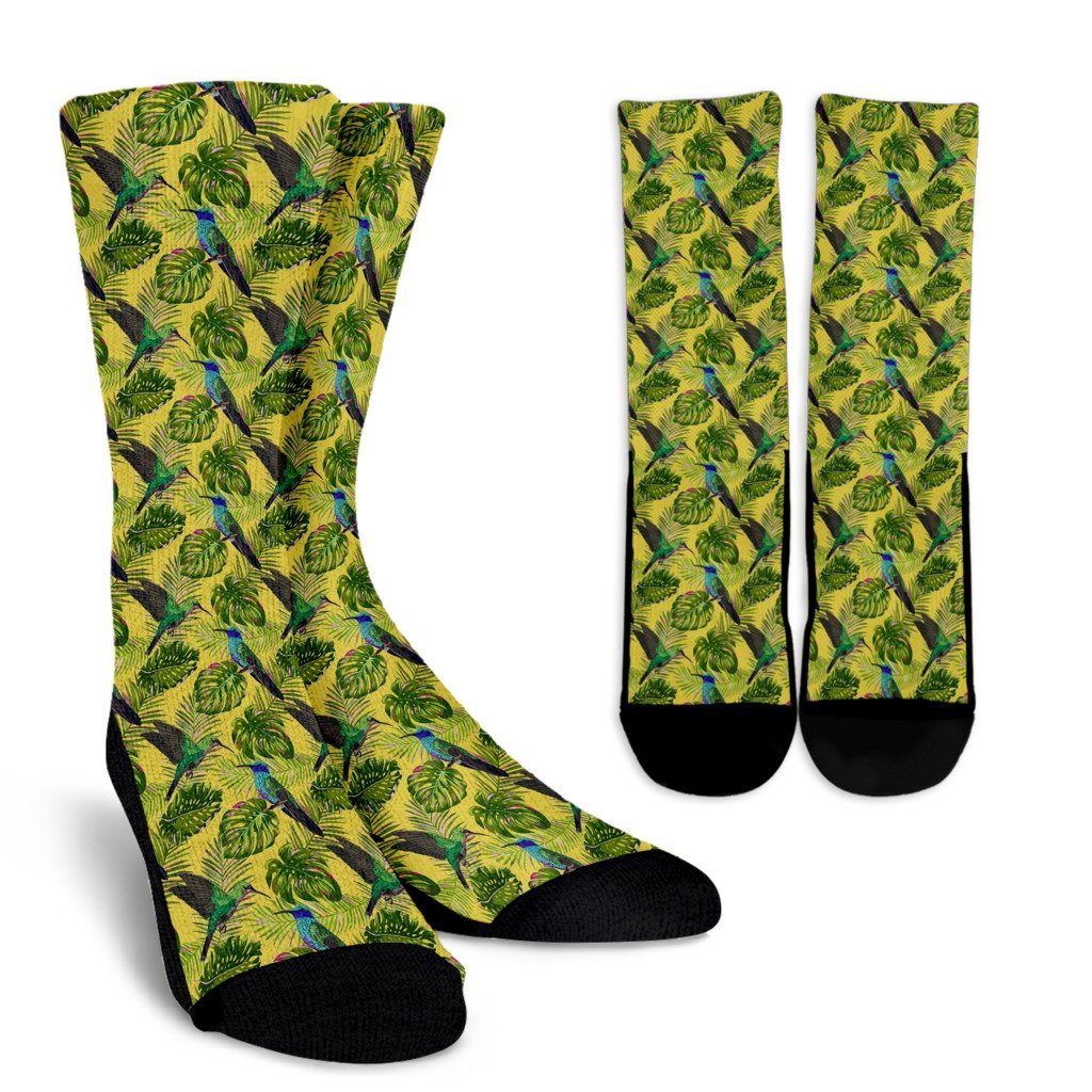 Hummingbird Palm Leaves Pattern Print Unisex Crew Socks-grizzshop