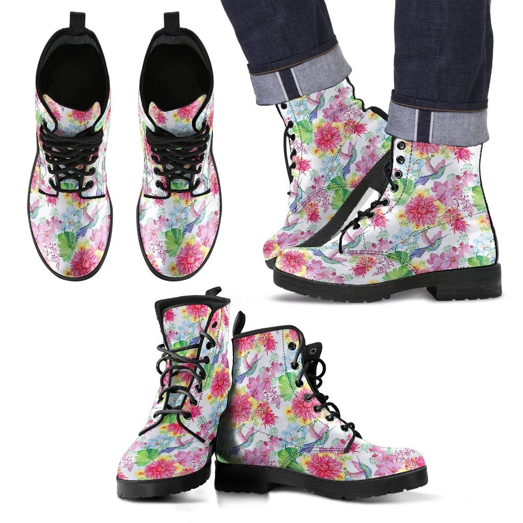 Hummingbird White Floral Drawing Pattern Print Men Women Leather Boots-grizzshop