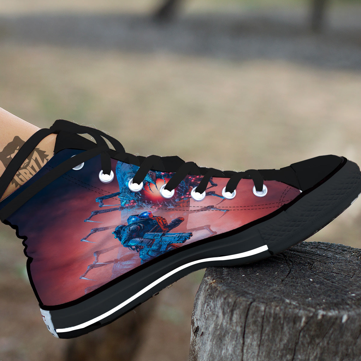 Hunting Alien Worm Print Black High Top Shoes-grizzshop