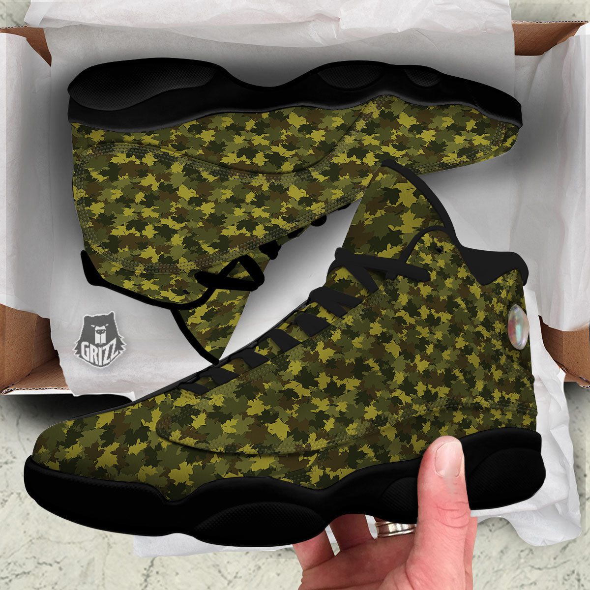 Hunting Camouflage Fall Leaves Print Black Basketball Shoes-grizzshop