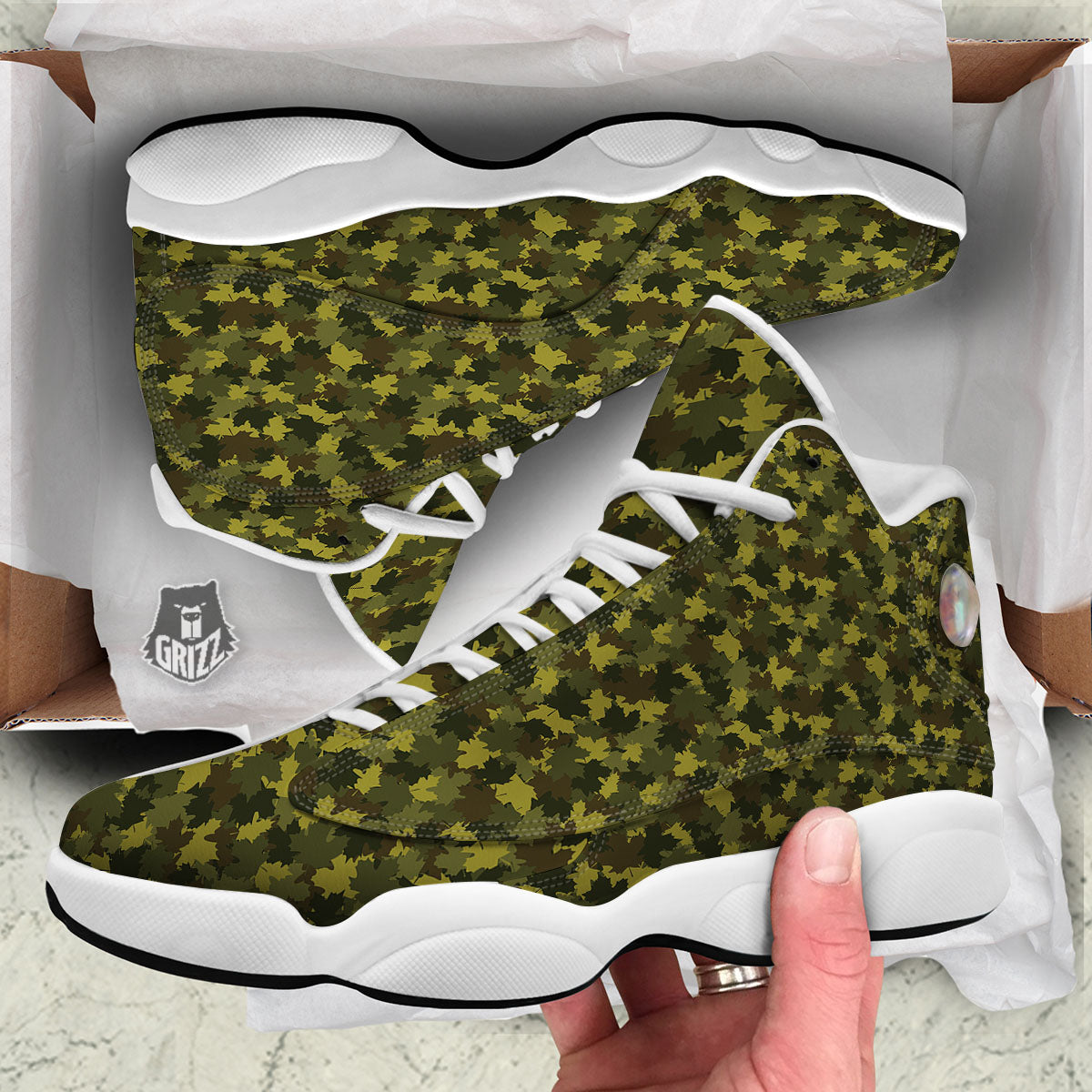 Hunting Camouflage Fall Leaves Print White Basketball Shoes-grizzshop