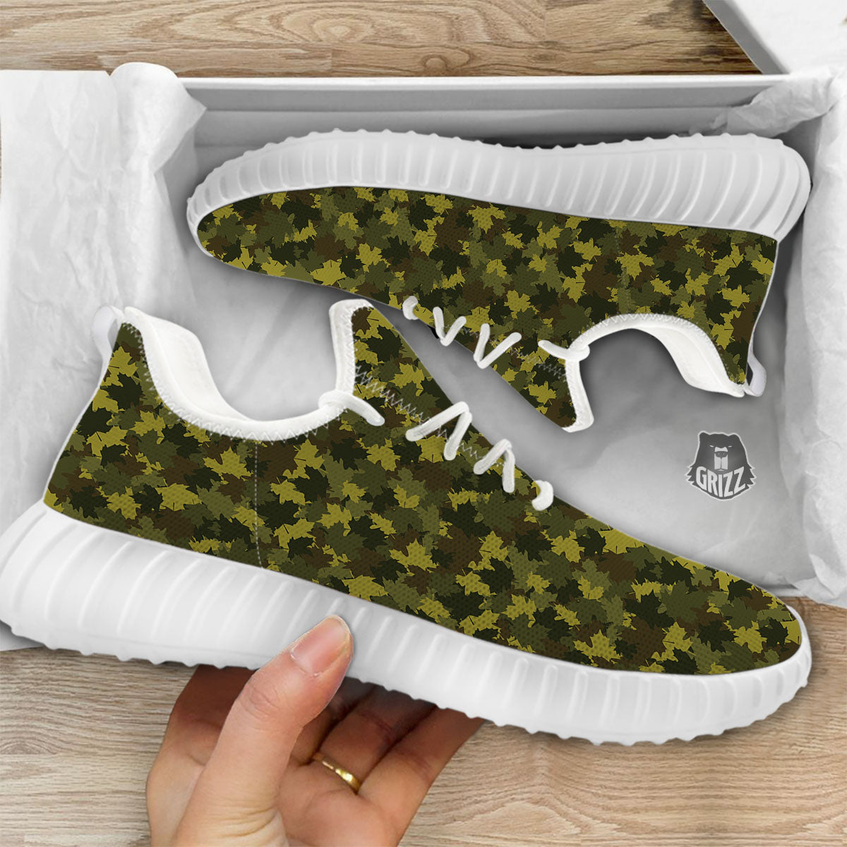 Hunting Camouflage Fall Leaves Print White Walking Shoes-grizzshop