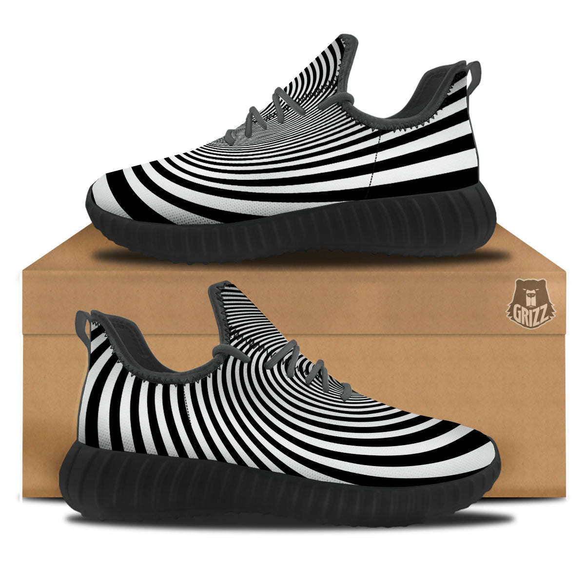 Hypnotic Illusion White And Black Print Black Walking Shoes-grizzshop