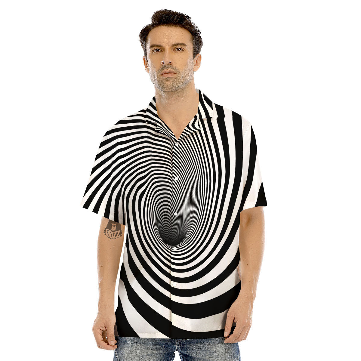 Hypnotic Illusion White And Black Print Men's Hawaiian Shirt-grizzshop