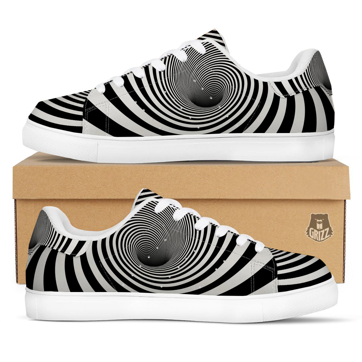 Hypnotic Illusion White And Black Print White Low Top Sneakers-grizzshop