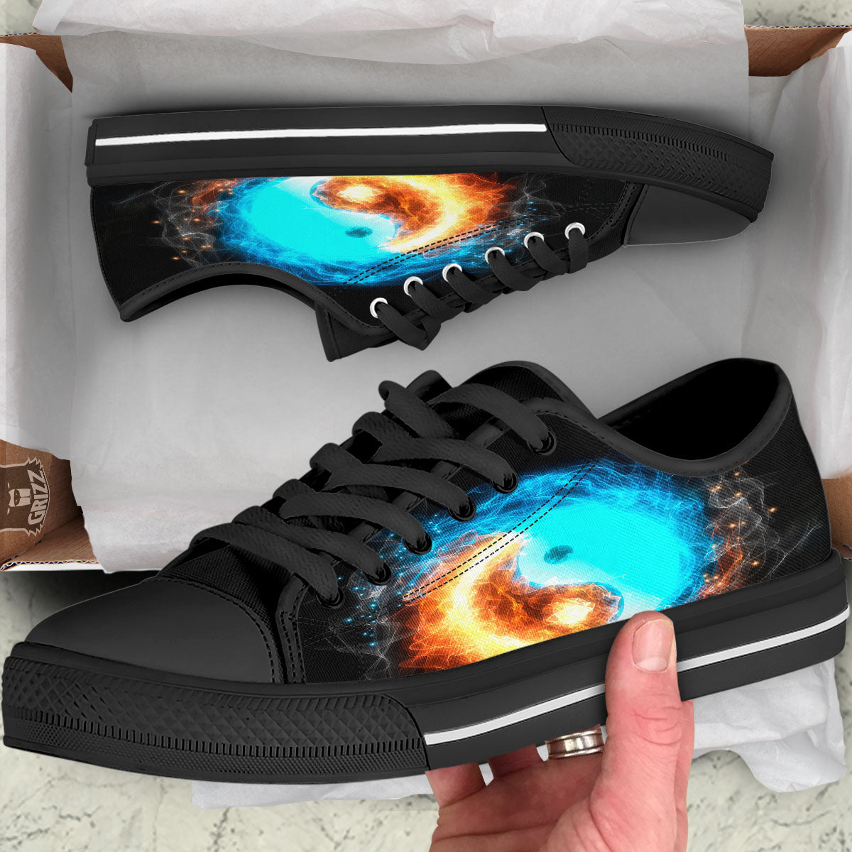 Ice And Fire Sparkle Yin Yang Print Black Low Top Shoes-grizzshop