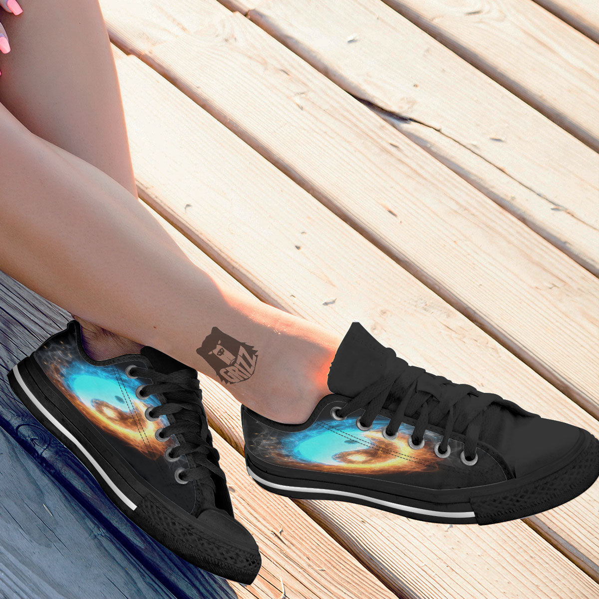 Ice And Fire Sparkle Yin Yang Print Black Low Top Shoes-grizzshop
