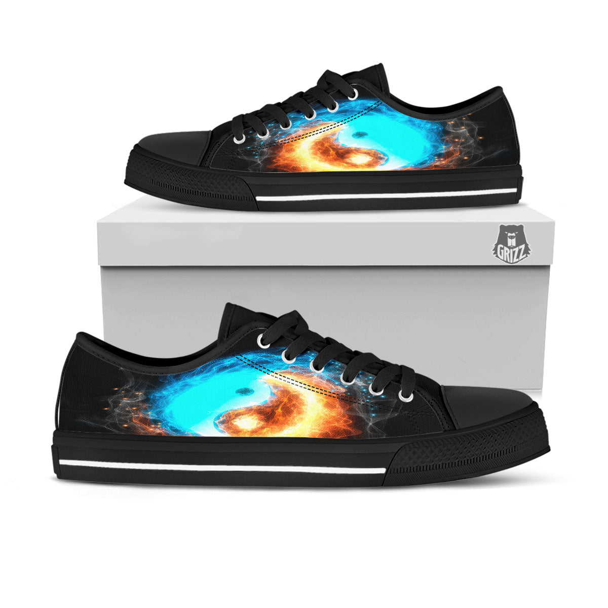 Ice And Fire Sparkle Yin Yang Print Black Low Top Shoes-grizzshop