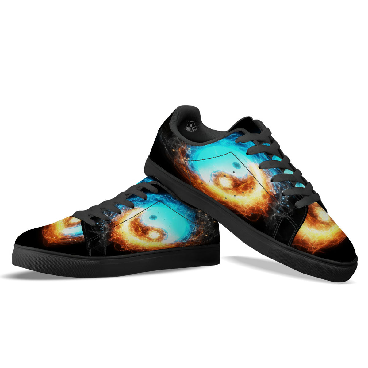Ice And Fire Sparkle Yin Yang Print Black Low Top Sneakers-grizzshop