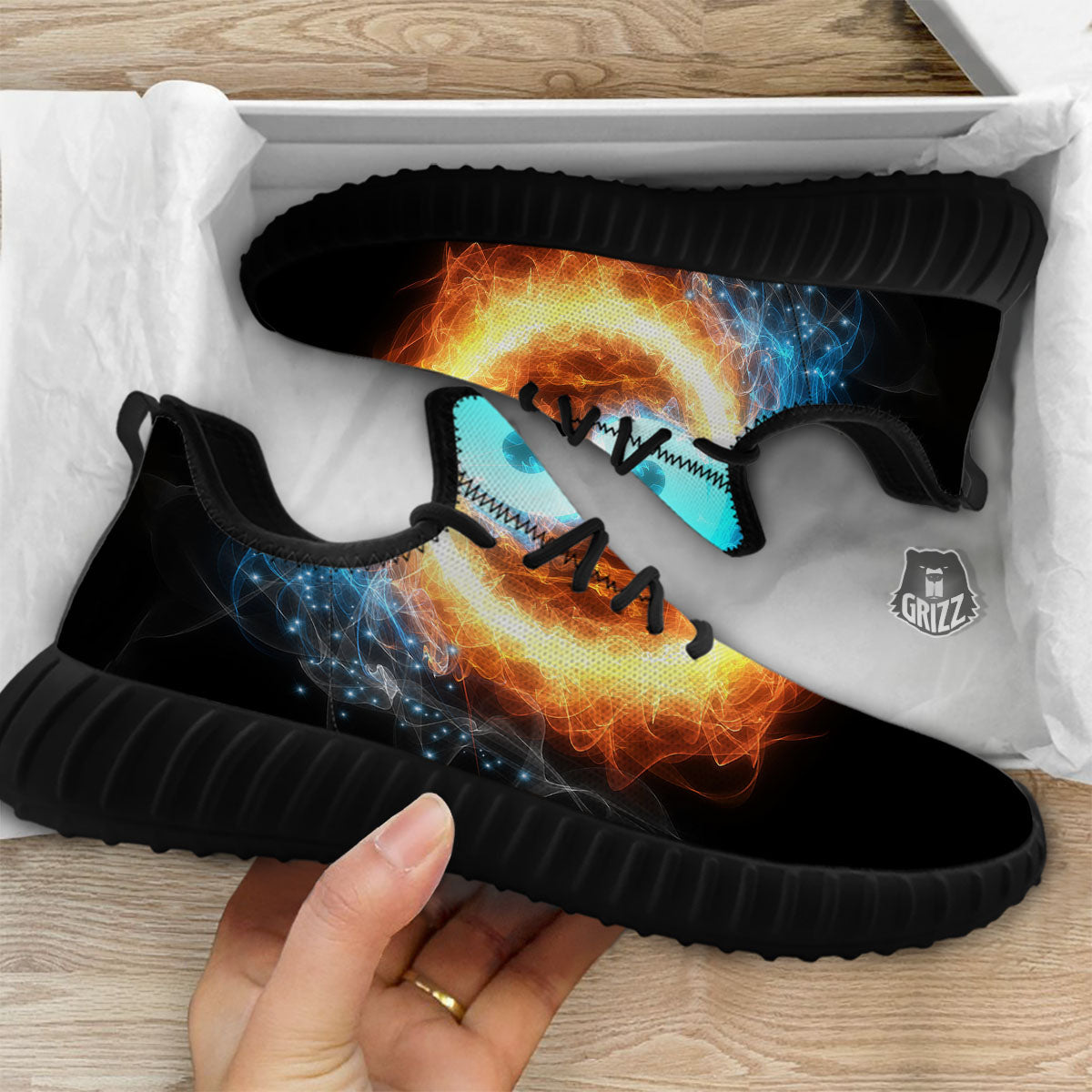 Ice And Fire Sparkle Yin Yang Print Black Walking Shoes-grizzshop