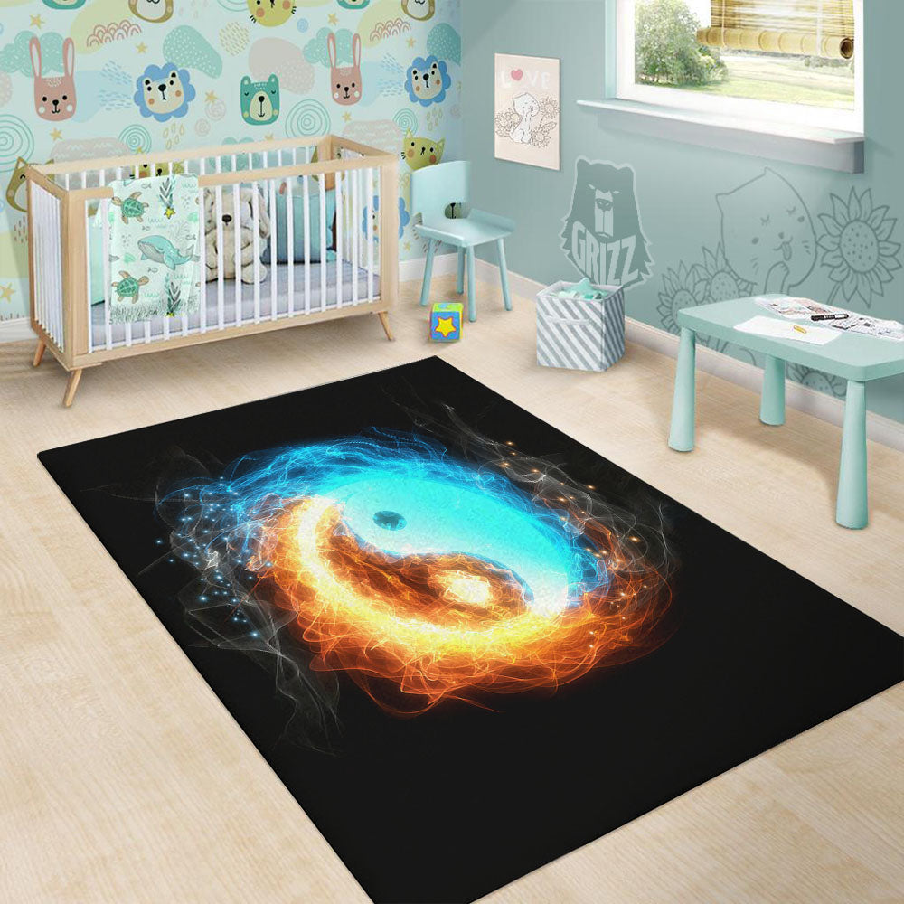 Ice And Fire Sparkle Yin Yang Print Floor Mat-grizzshop