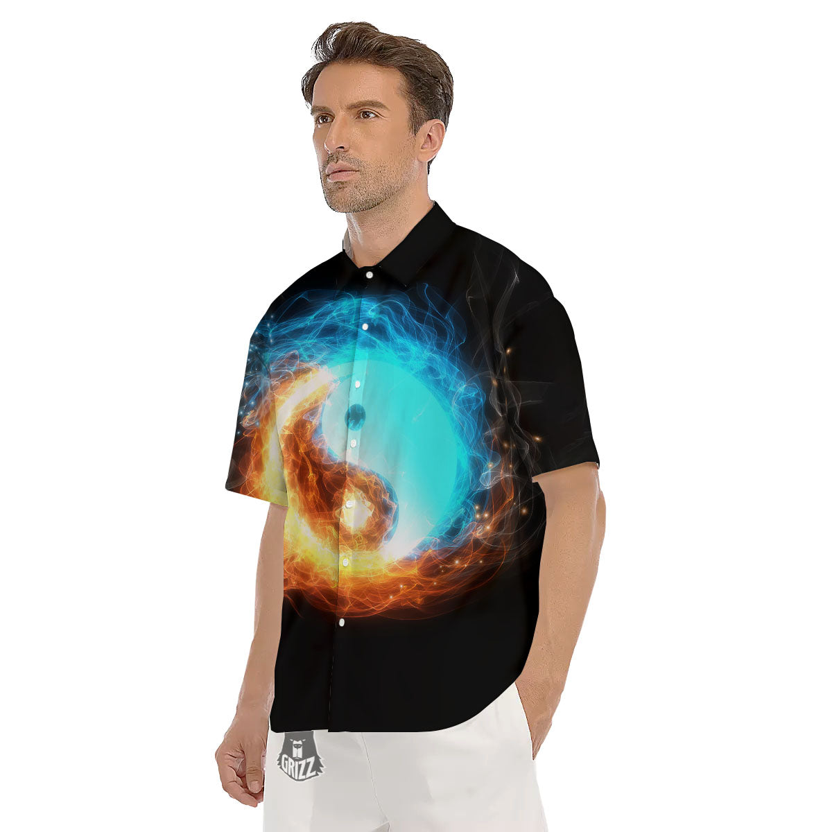 Ice And Fire Sparkle Yin Yang Print Men's Short Sleeve Shirts-grizzshop