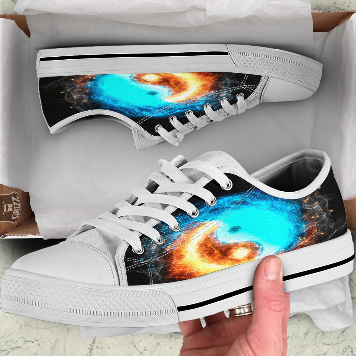 Ice And Fire Sparkle Yin Yang Print White Low Top Shoes-grizzshop