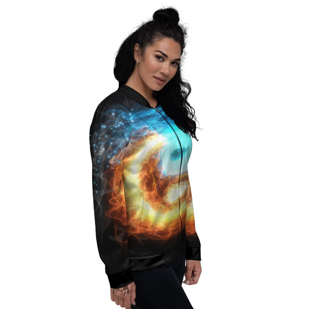 Ice And Fire Sparkle Yin Yang Print Women's Bomber Jacket-grizzshop