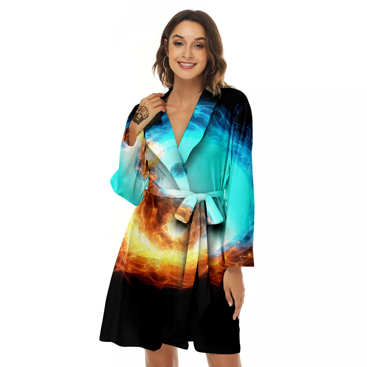 Ice And Fire Sparkle Yin Yang Print Women's Robe-grizzshop