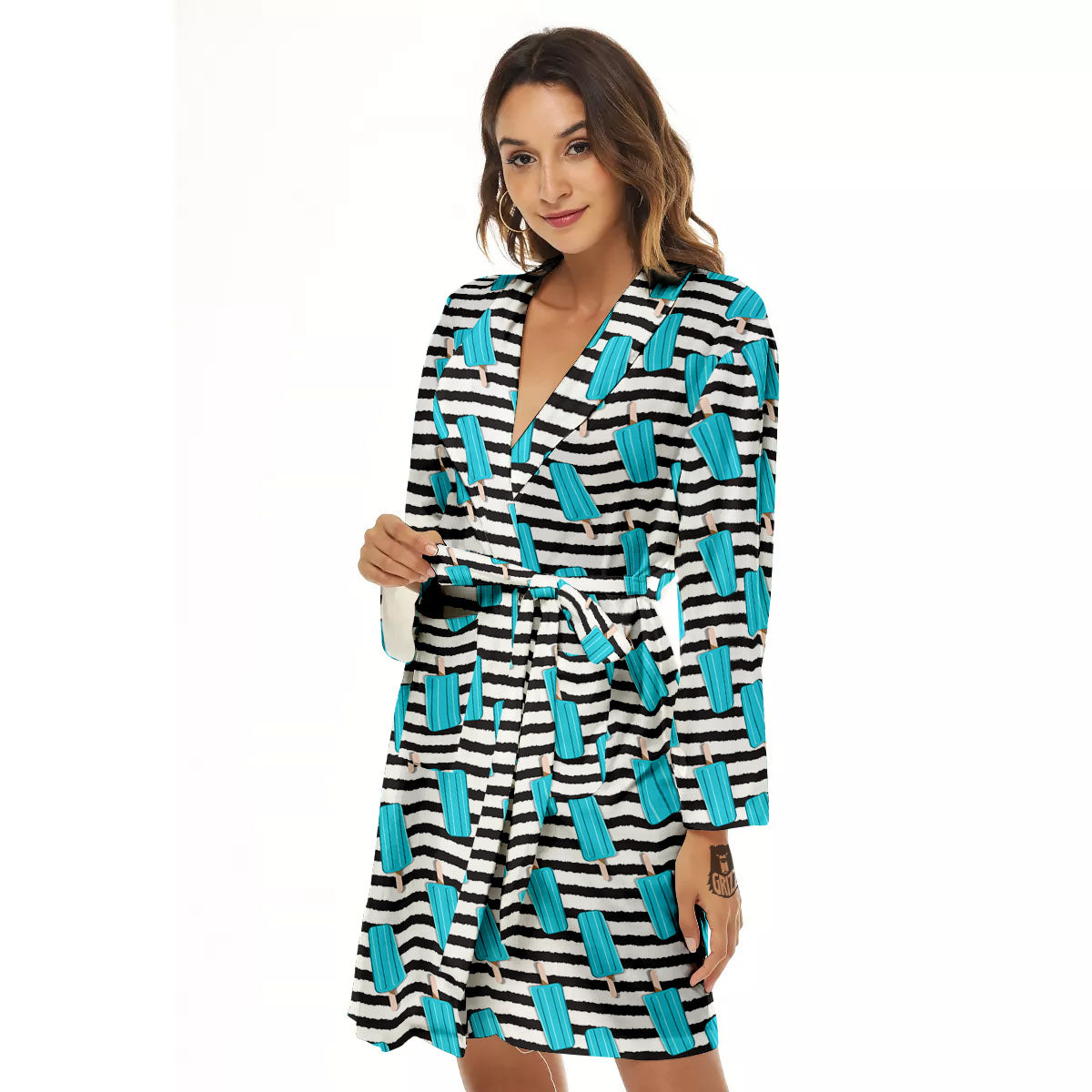 Ice Cream Black Striped Print Pattern Women's Robe-grizzshop