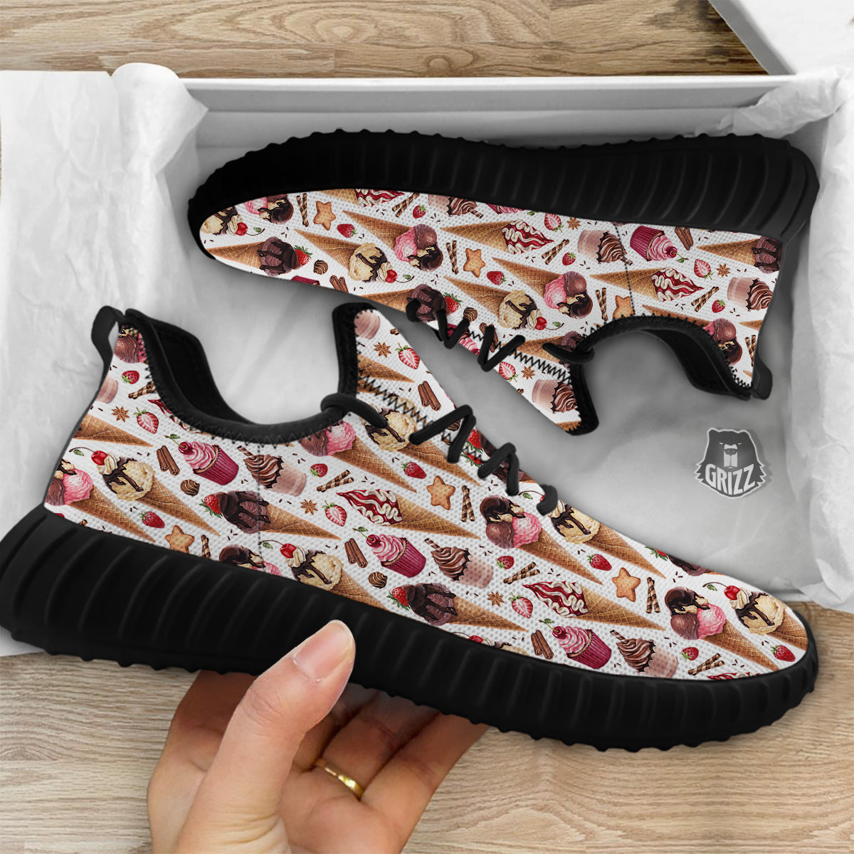 Ice Cream Cones Watercolor Print Pattern Black Walking Shoes-grizzshop