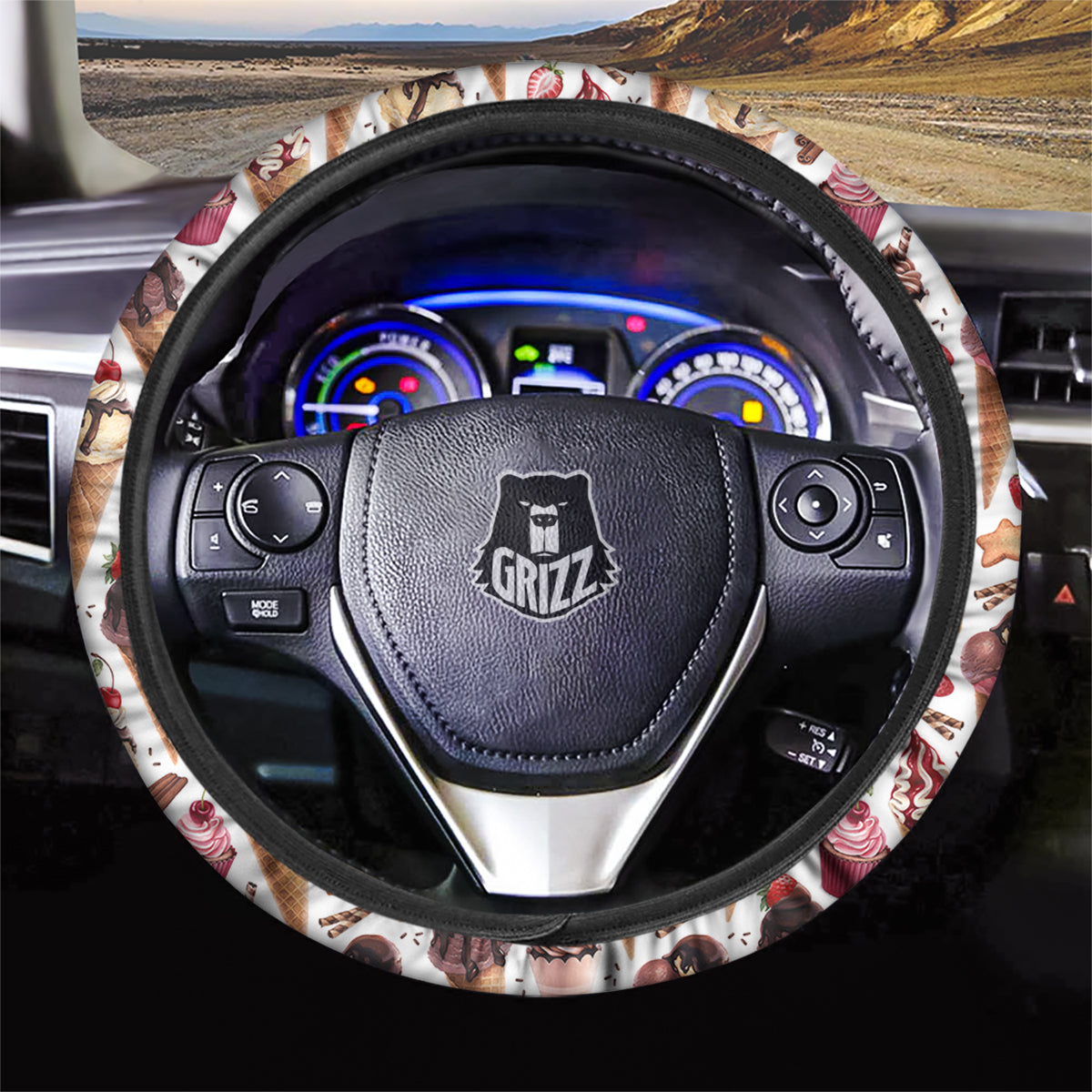 Ice Cream Cones Watercolor Print Pattern Car Steering Wheel Cover-grizzshop