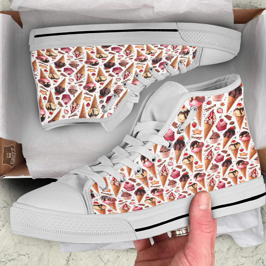 Ice Cream Cones Watercolor Print Pattern White High Top Shoes-grizzshop