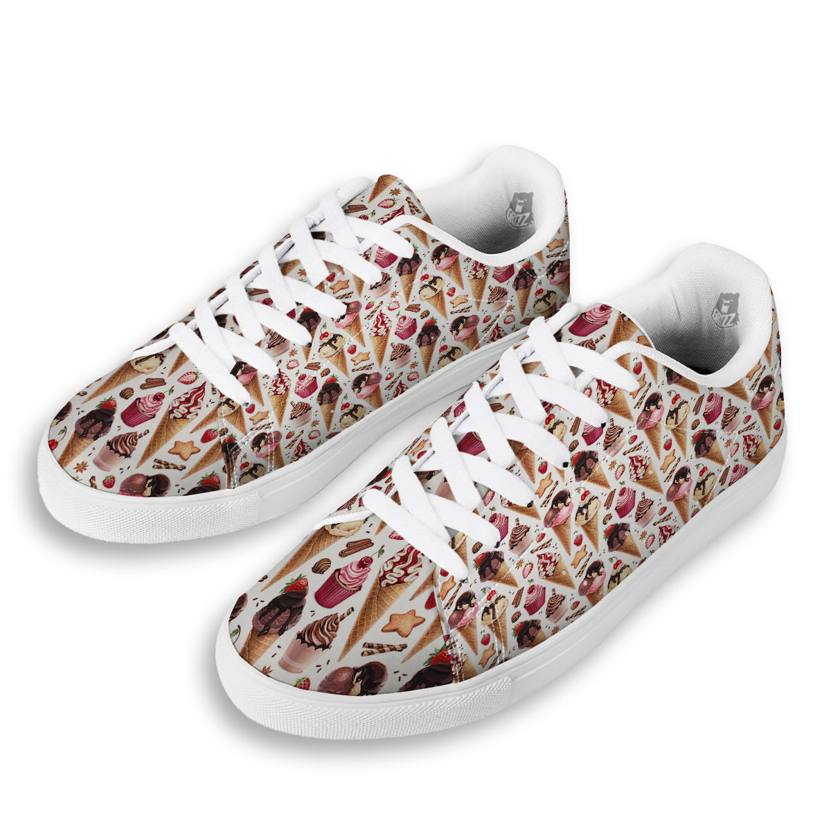 Ice Cream Cones Watercolor Print Pattern White Low Top Sneakers-grizzshop
