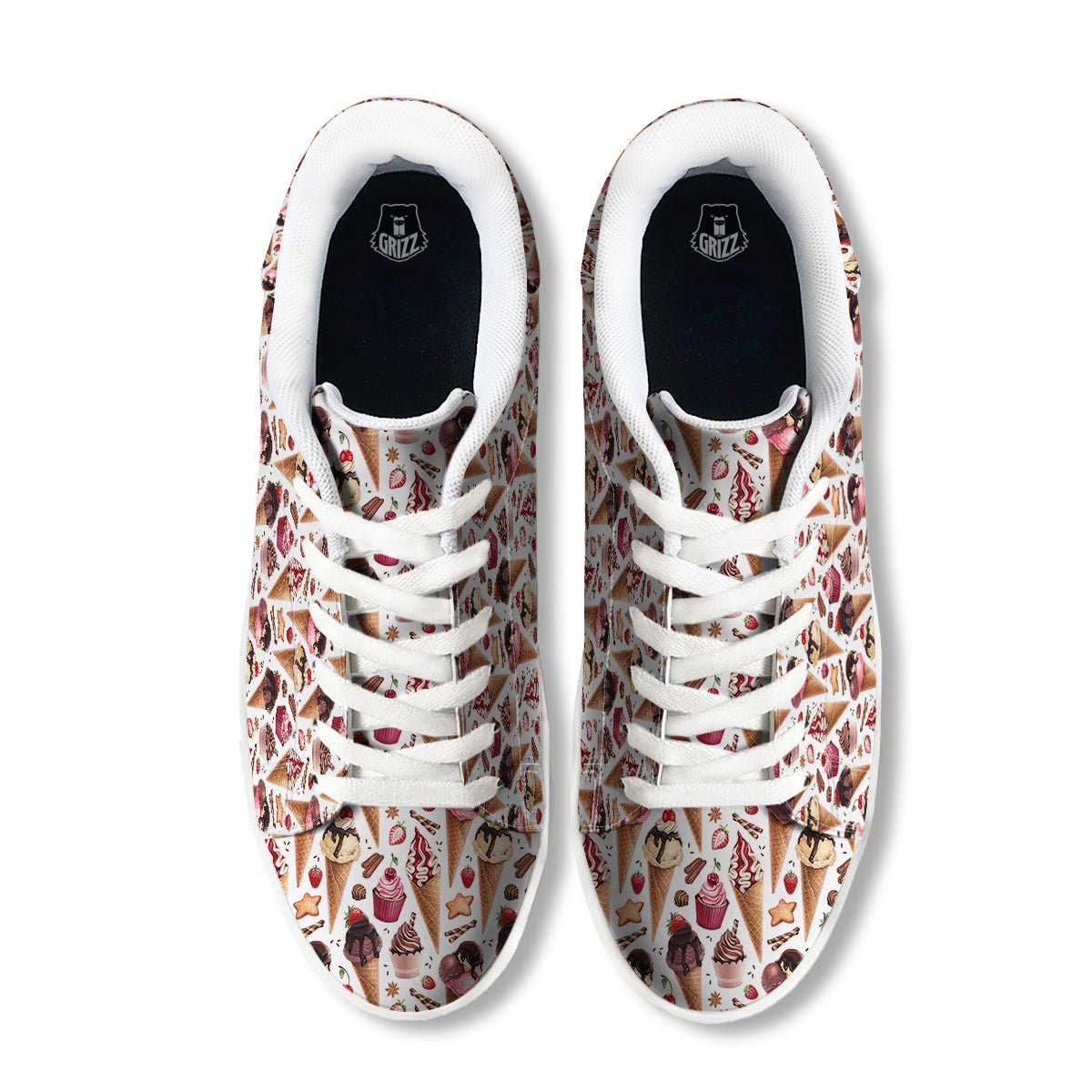 Ice Cream Cones Watercolor Print Pattern White Low Top Sneakers-grizzshop