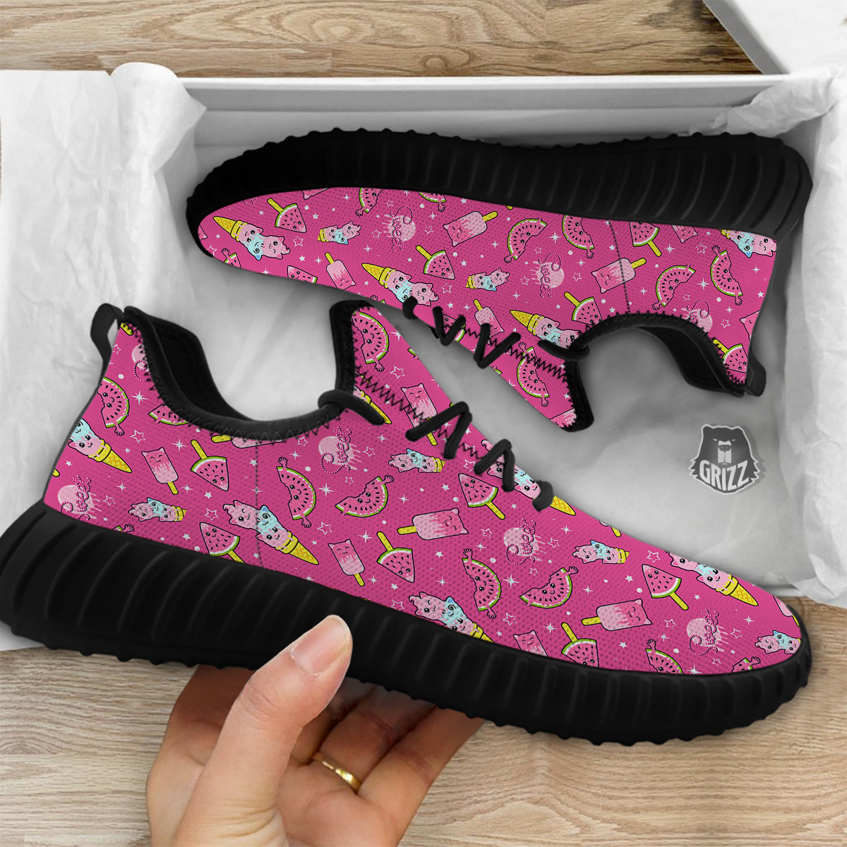 Ice Cream Cute Print Pattern Black Walking Shoes-grizzshop
