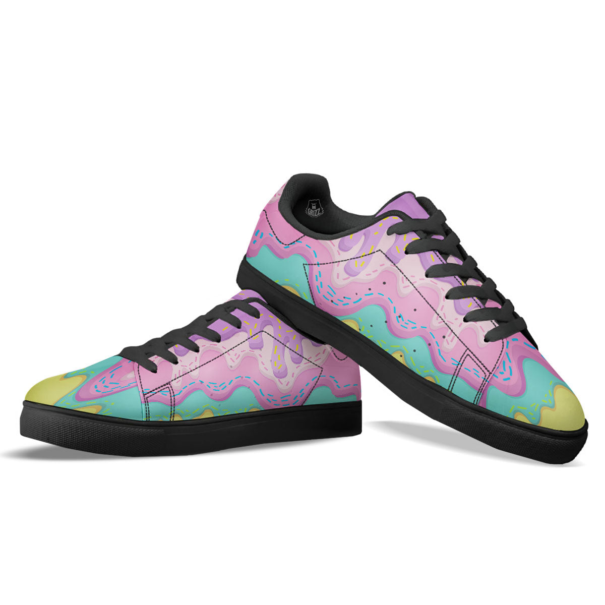 Ice Cream Dripping Pastel Print Black Low Top Sneakers-grizzshop