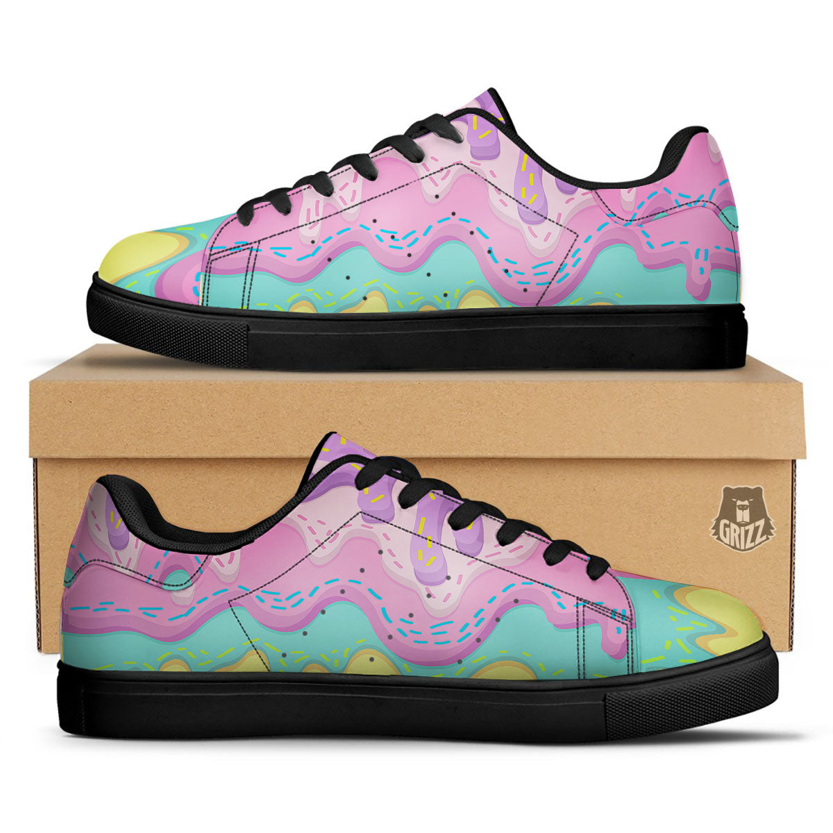 Ice Cream Dripping Pastel Print Black Low Top Sneakers-grizzshop