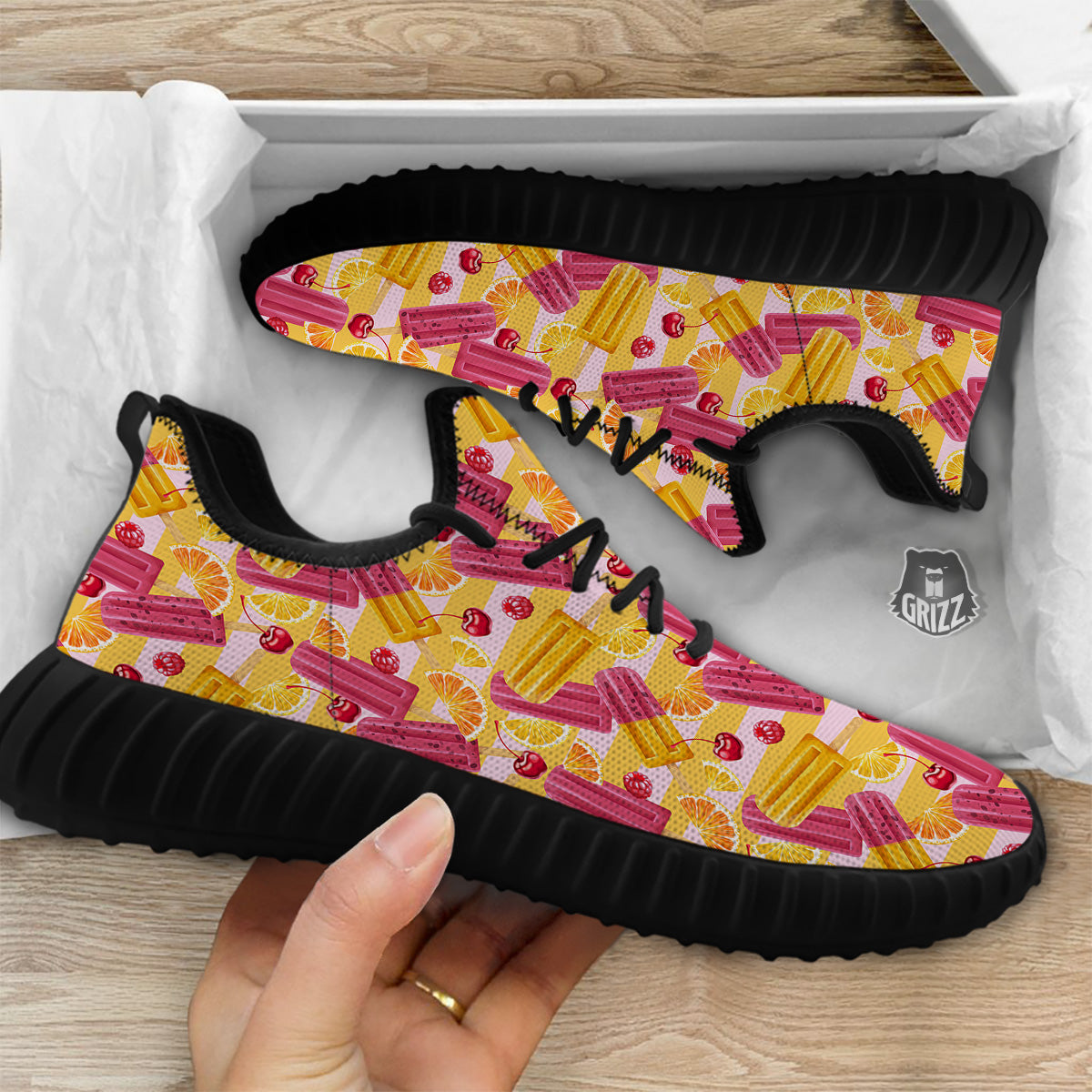 Ice Cream Fruits And Berries Print Pattern Black Walking Shoes-grizzshop