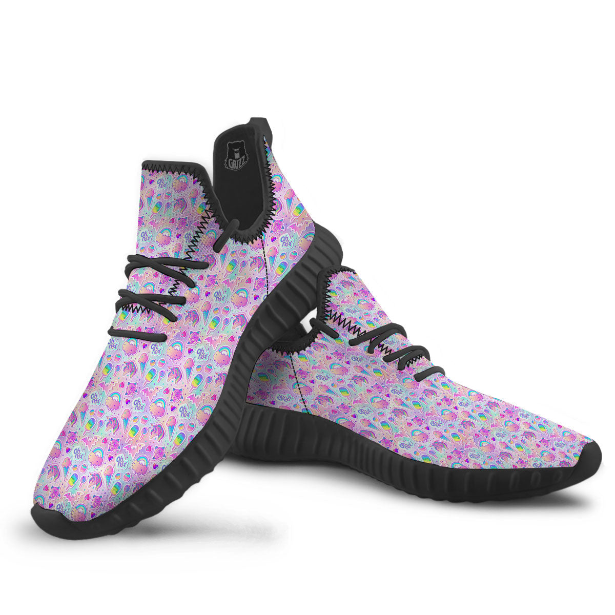 Ice Cream Girly Unicorn Print Pattern Black Walking Shoes-grizzshop
