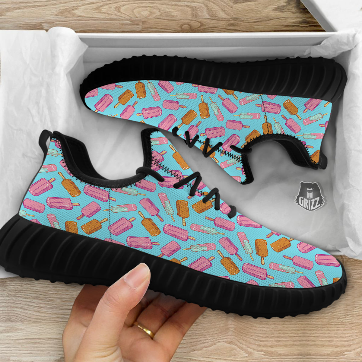 Ice Cream Pink And Brown Print Pattern Black Walking Shoes-grizzshop