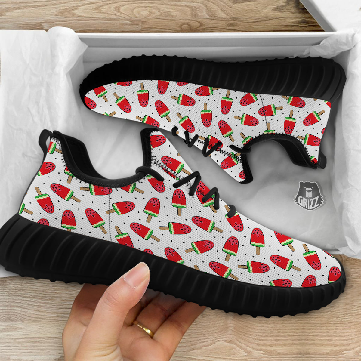 Ice Cream Watermelon Print Pattern Black Walking Shoes-grizzshop
