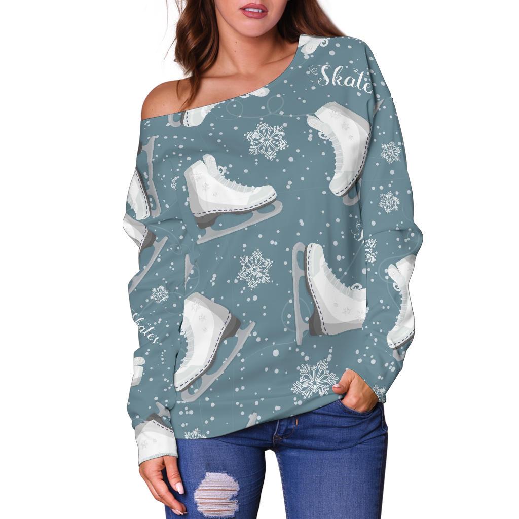 Ice Skate Snowflake Pattern Print Women Off Shoulder Sweatshirt-grizzshop