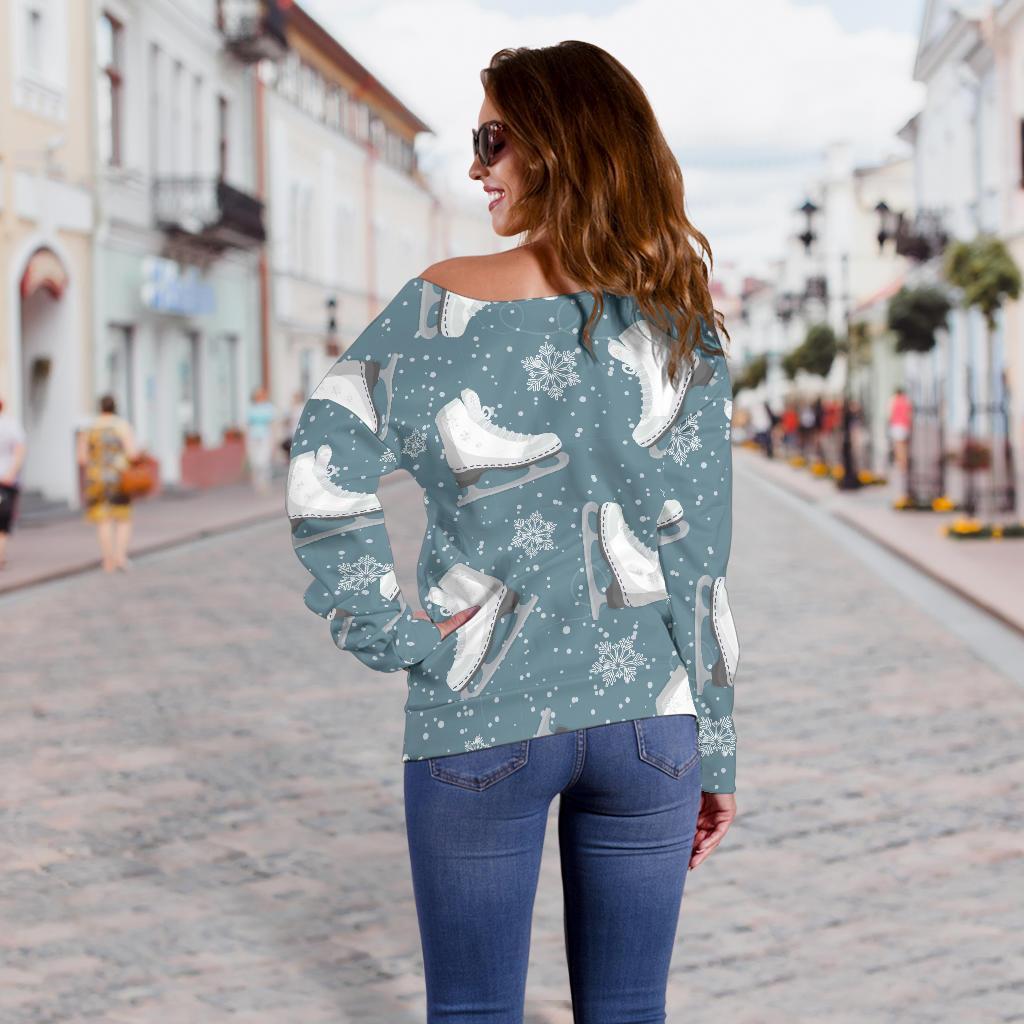 Ice Skate Snowflake Pattern Print Women Off Shoulder Sweatshirt-grizzshop