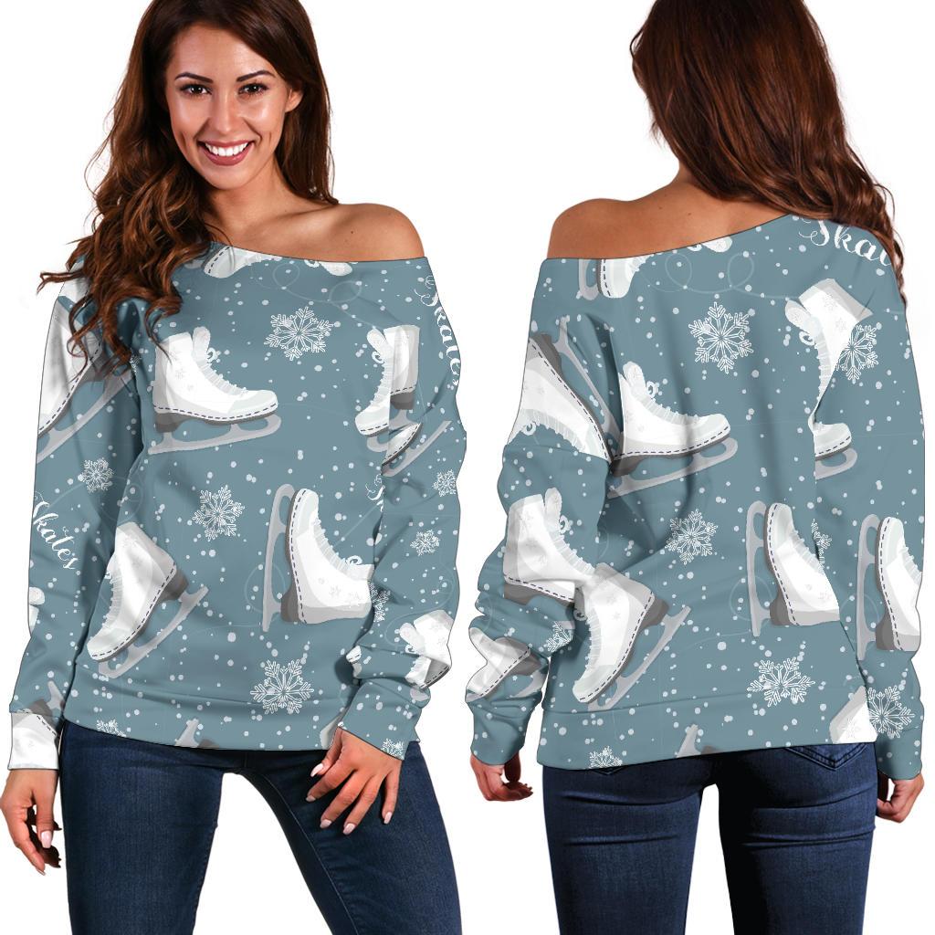 Ice Skate Snowflake Pattern Print Women Off Shoulder Sweatshirt-grizzshop