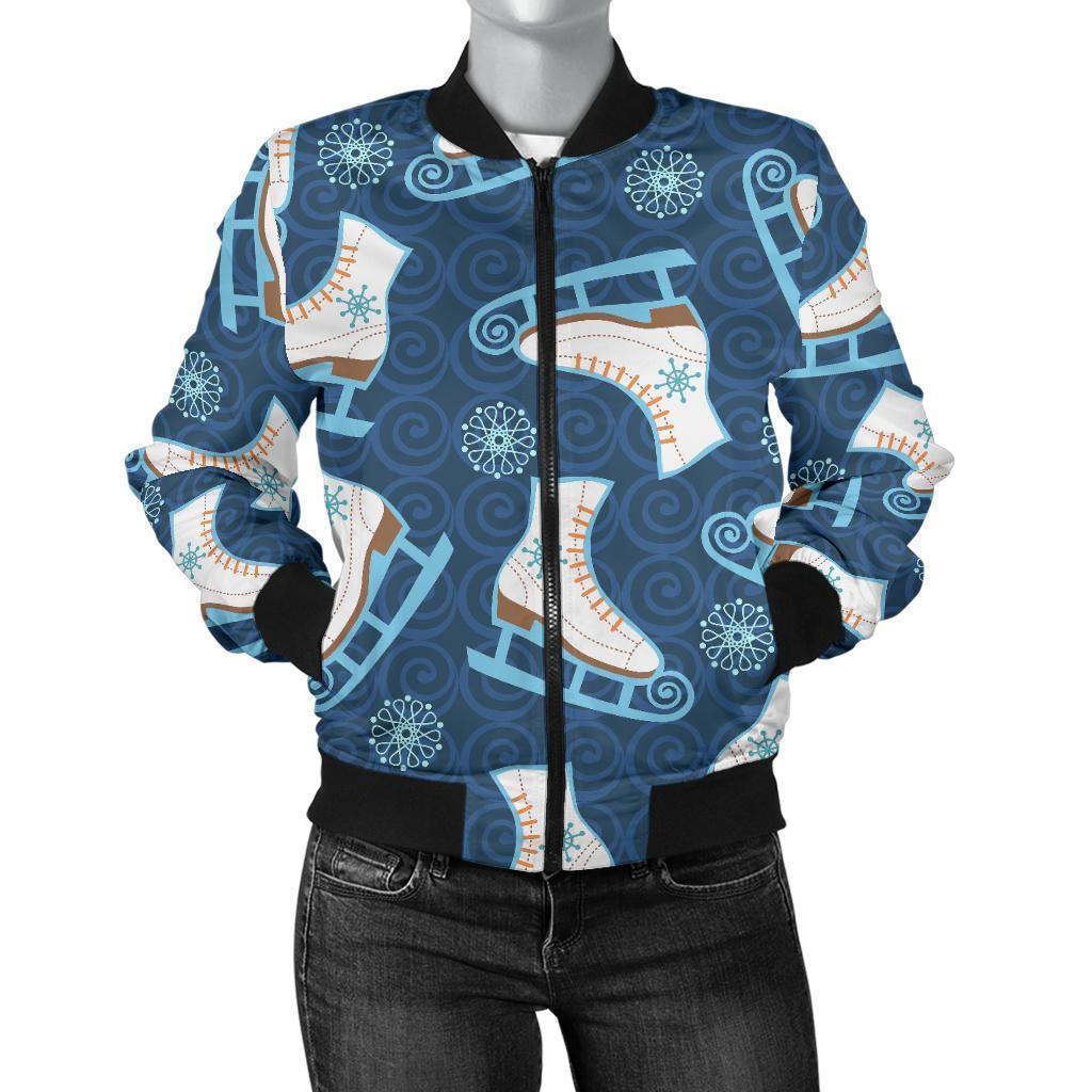 Ice Skate Pattern Print Women Casual Bomber Jacket-grizzshop