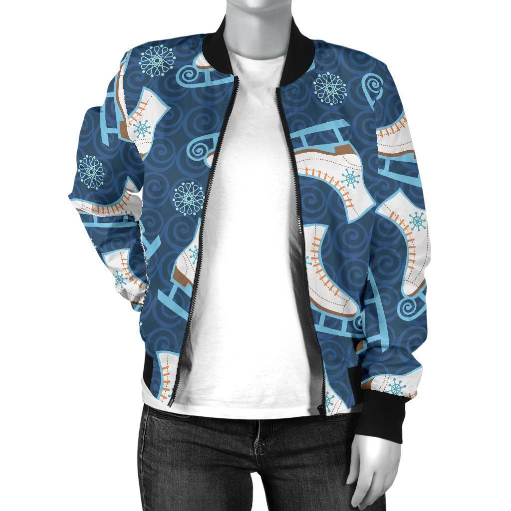 Ice Skate Pattern Print Women Casual Bomber Jacket-grizzshop