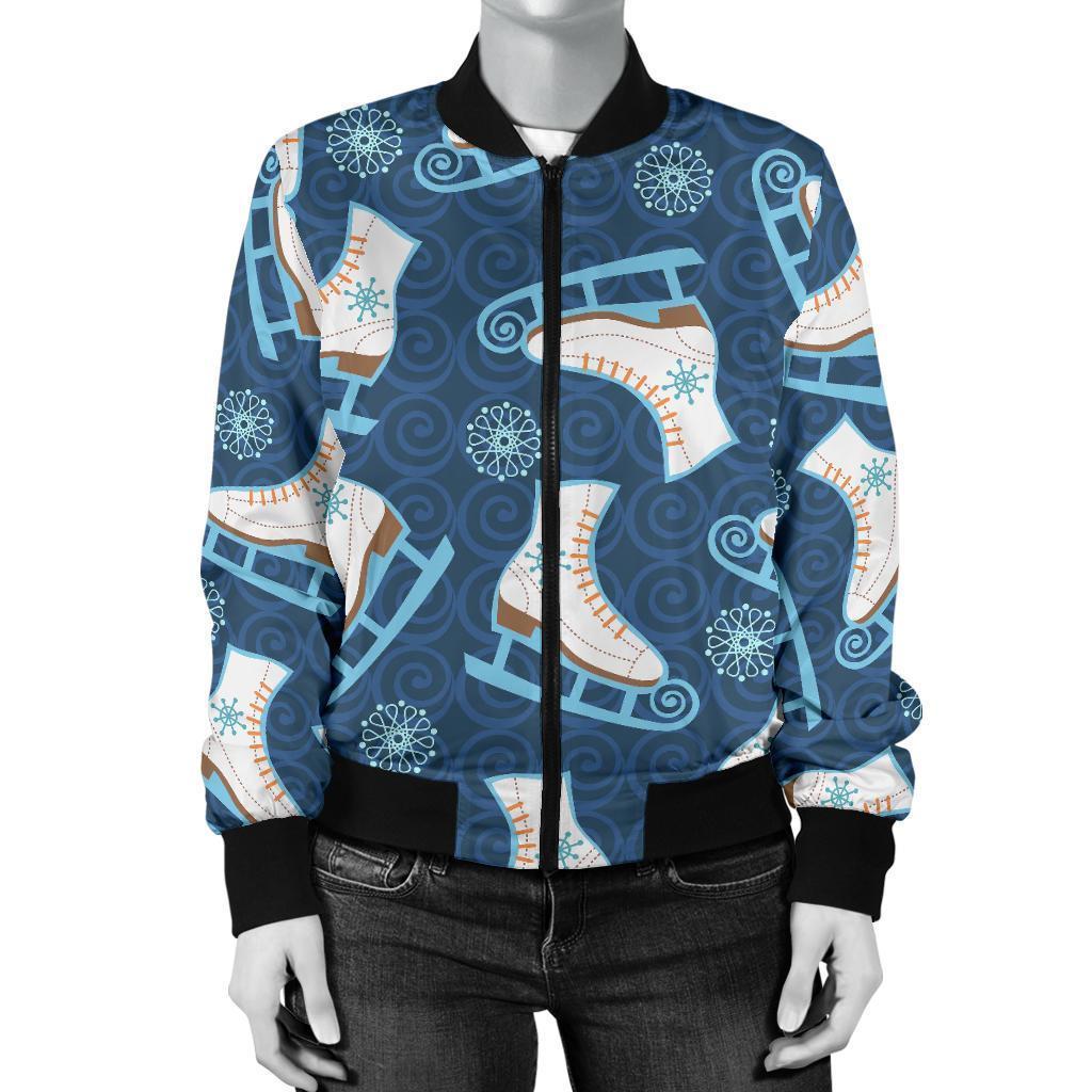 Ice Skate Pattern Print Women Casual Bomber Jacket-grizzshop